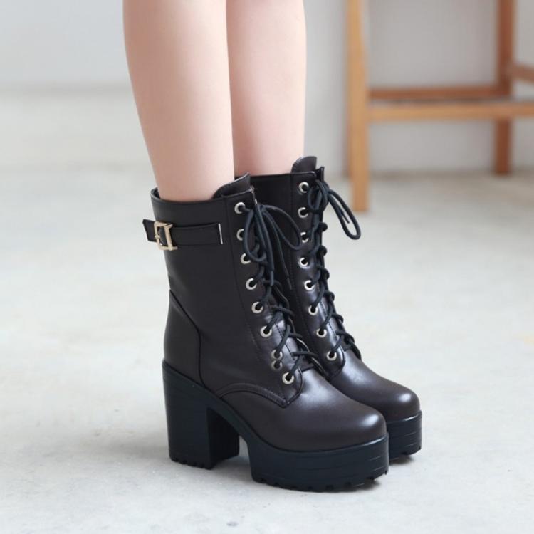 Women Lace-up Short Boots High Heels Platform Buckle Ladies Leather Boots, Size: 35