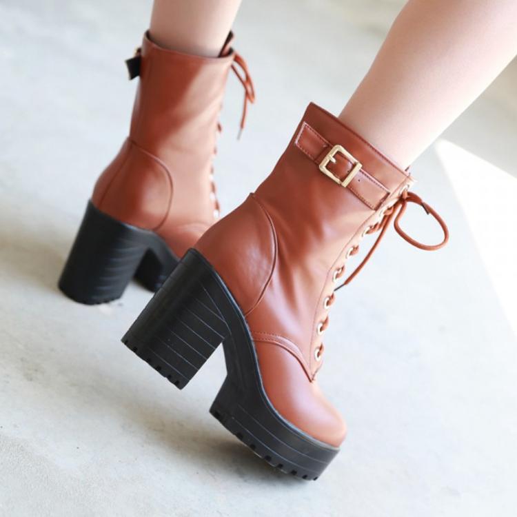Women Lace-up Short Boots High Heels Platform Buckle Ladies Leather Boots, Size: 38