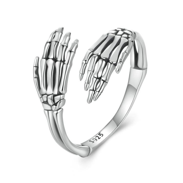S925 Sterling Silver Oxidized Skeleton Hand Adjustable Open Ring - BSR608-E