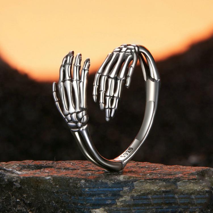 S925 Sterling Silver Oxidized Skeleton Hand Adjustable Open Ring - BSR608-E