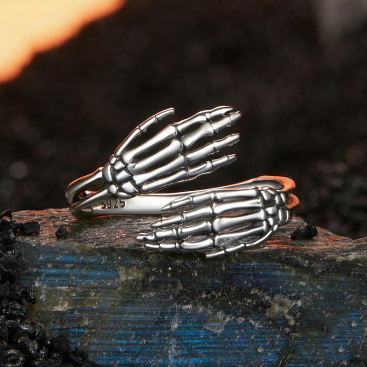 S925 Sterling Silver Oxidized Skeleton Hand Adjustable Open Ring - BSR608-E