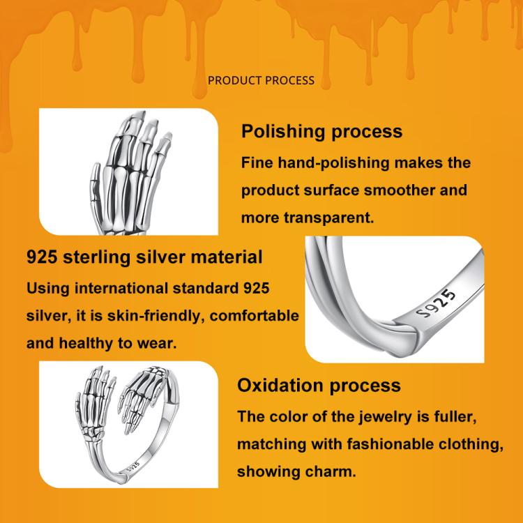 S925 Sterling Silver Oxidized Skeleton Hand Adjustable Open Ring - BSR608-E