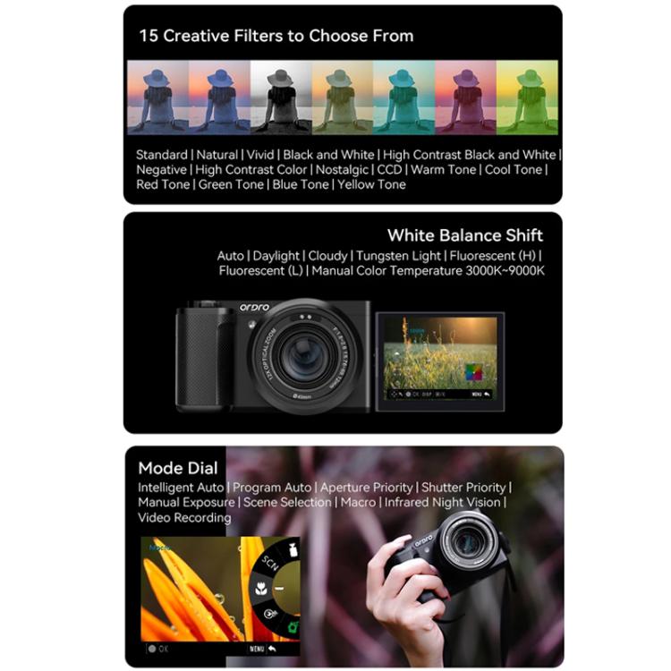 Ordro 5K Optical Zoom IR Night Vision Light Side-Flip LCD Screen Digital Camera