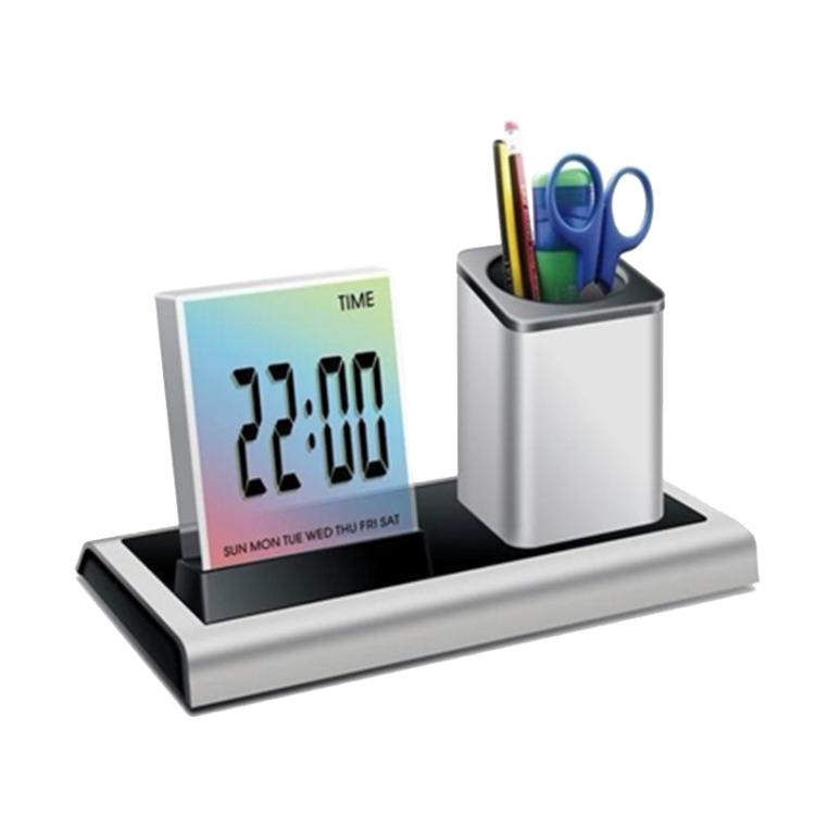 288A Multifunctional Colorful Calendar / Temperature Display LED Alarm Clock With Pen Holder - Silver