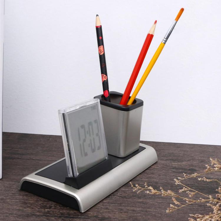 288A Multifunctional Colorful Calendar / Temperature Display LED Alarm Clock With Pen Holder - Silver