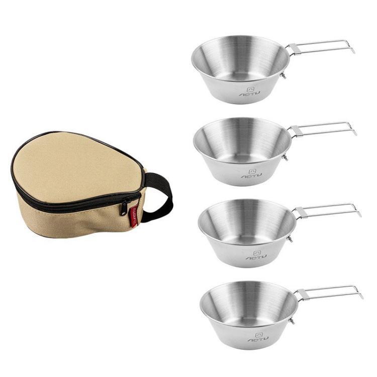 AOTU AT6440 4pcs 500ml Portable Foldable Stainless Steel Bowl With Storage Bag Camping Cutlery Set