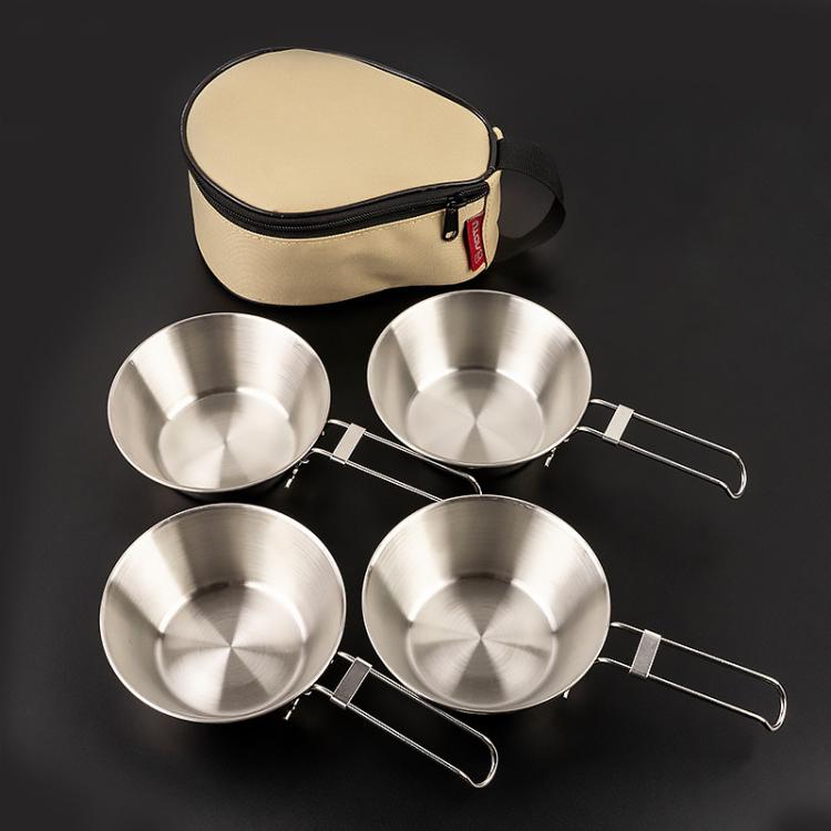 AOTU AT6440 4pcs 500ml Portable Foldable Stainless Steel Bowl With Storage Bag Camping Cutlery Set