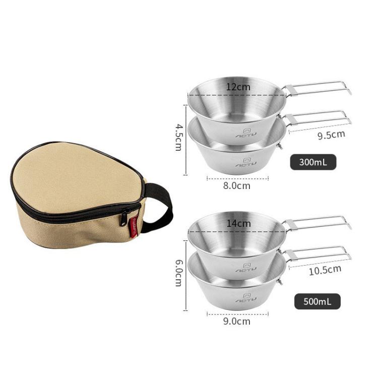 AOTU AT6440 2pcs 300ml+2pcs 500ml Portable Foldable Stainless Steel Bowl With Storage Bag Camping Cutlery Set