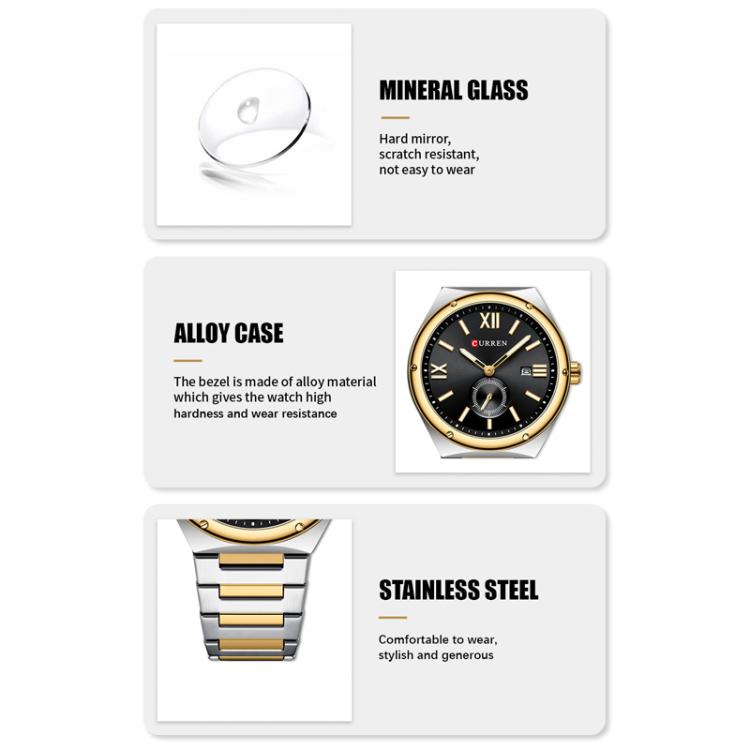 Curren Calendar Steel Strap Casual Men Quartz Watch, Color: Gold Green