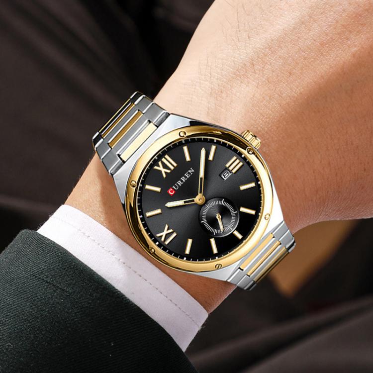 Curren Calendar Steel Strap Casual Men Quartz Watch, Color: Gold White