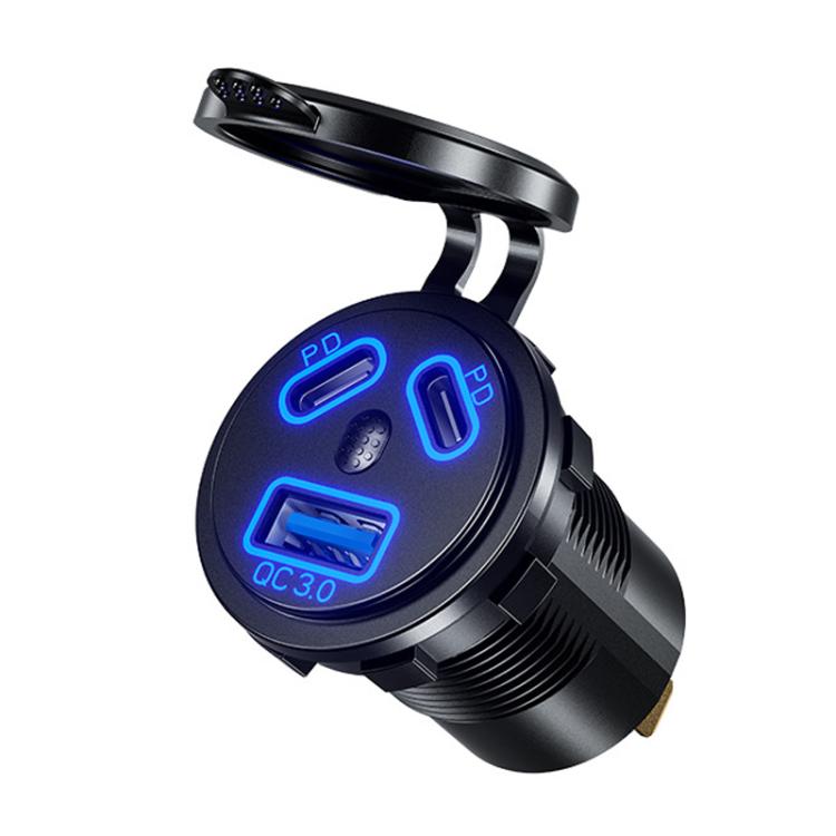 Kewig P22A 12-24V Vehicle Motorcycle Boat Modified Dual PD+QC3.0 3-Port Car Charger With Switch, Style: With Terminal - Blue Light
