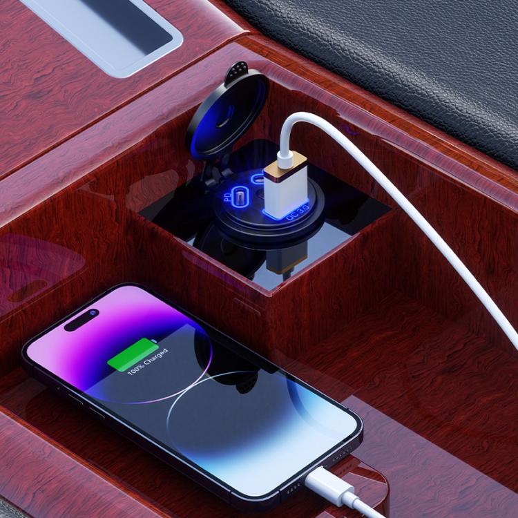 Kewig P22A 12-24V Vehicle Motorcycle Boat Modified Dual PD+QC3.0 3-Port Car Charger With Switch, Style: With Terminal - Blue Light