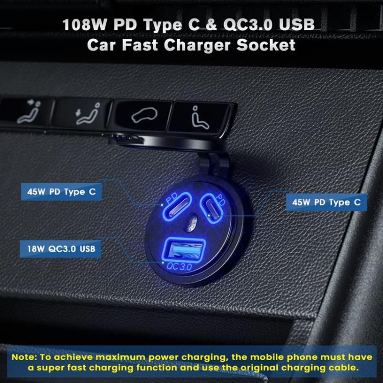 Kewig P22A 12-24V Vehicle Motorcycle Boat Modified Dual PD+QC3.0 3-Port Car Charger With Switch, Style: With Terminal - Blue Light