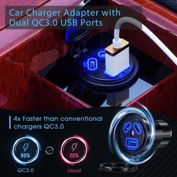 Kewig P22A 12-24V Vehicle Motorcycle Boat Modified Dual PD+QC3.0 3-Port Car Charger With Switch, Style: With Terminal - Blue Light