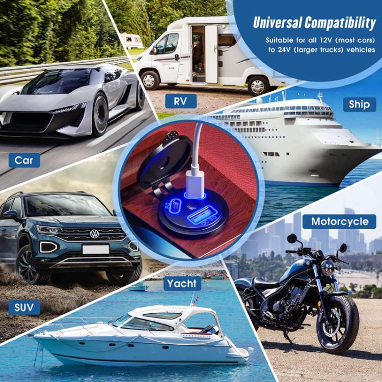 Kewig P22A 12-24V Vehicle Motorcycle Boat Modified Dual PD+QC3.0 3-Port Car Charger With Switch, Style: With Terminal - Blue Light
