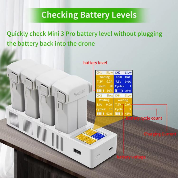For DJI Mini 4 Pro / Mini 3 Pro / Mini 3 YX Four-Way Color Screen Charger Battery Manager - Light Gray
