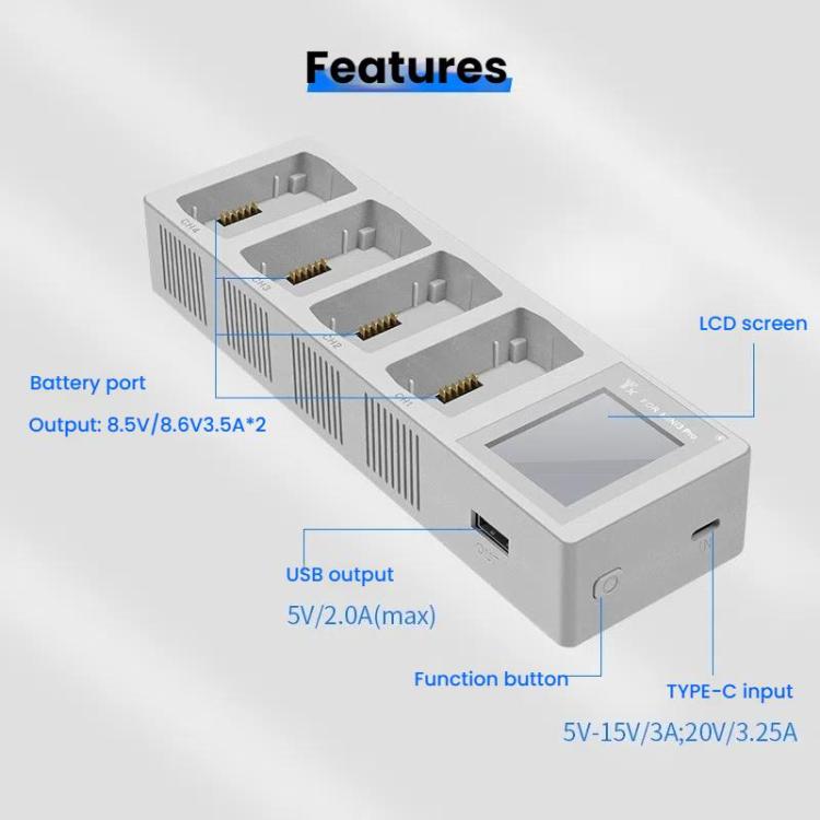 For DJI Mini 4 Pro / Mini 3 Pro / Mini 3 YX Four-Way Color Screen Charger Battery Manager - Light Gray