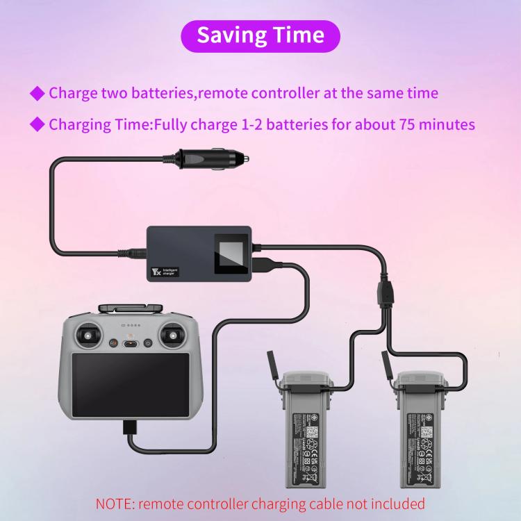 For DJI Air 3S /Air 3 YX Digital Display Car Charger Charge 2 Batteries At the Same Time - Black