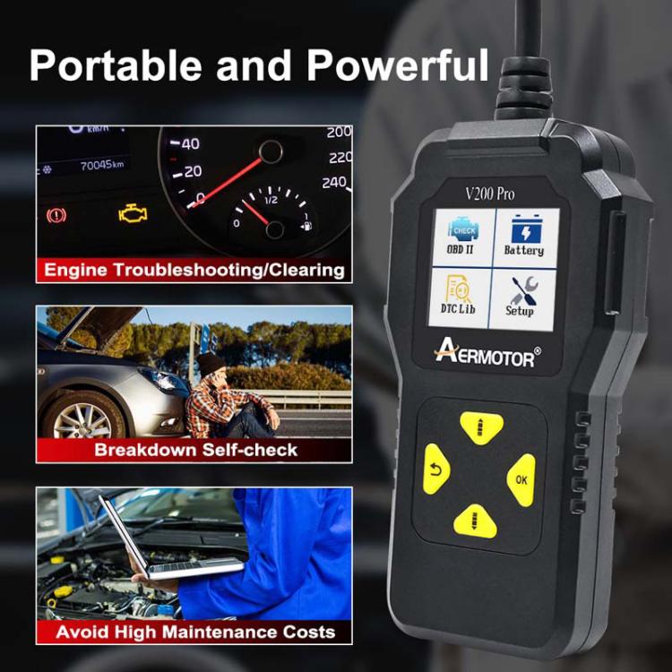 AERMOTOR V200PRO Car Troubleshooter Engine Inspection Scanner Readout Card ELM327 Battery Inspection Tool - Black