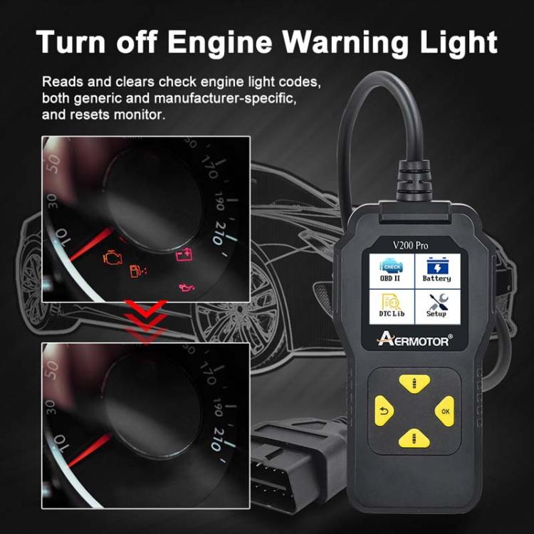 AERMOTOR V200PRO Car Troubleshooter Engine Inspection Scanner Readout Card ELM327 Battery Inspection Tool - Black