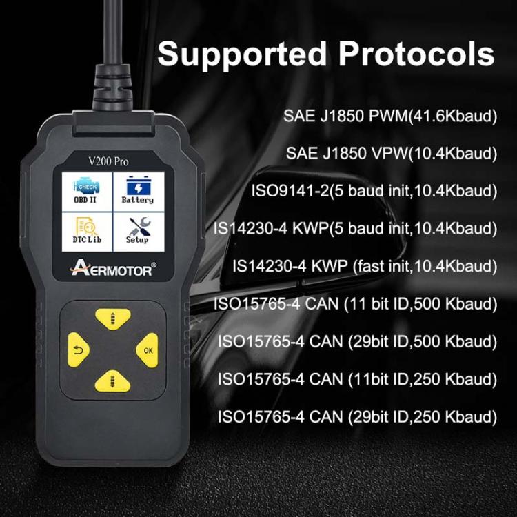 AERMOTOR V200PRO Car Troubleshooter Engine Inspection Scanner Readout Card ELM327 Battery Inspection Tool - Black