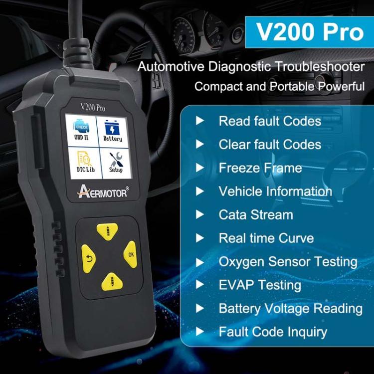 AERMOTOR V200PRO Car Troubleshooter Engine Inspection Scanner Readout Card ELM327 Battery Inspection Tool - Black