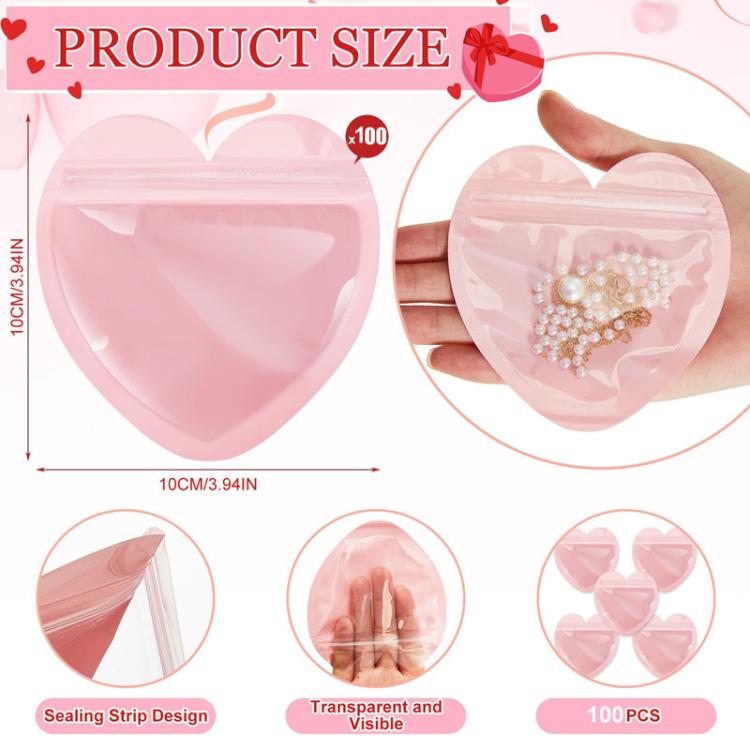 100pcs PVC Heart-Shaped Jewelry Storage Pouches Cute Love Sealing Bag Gift Packaging Bags, Size: 10x10cm - Pink