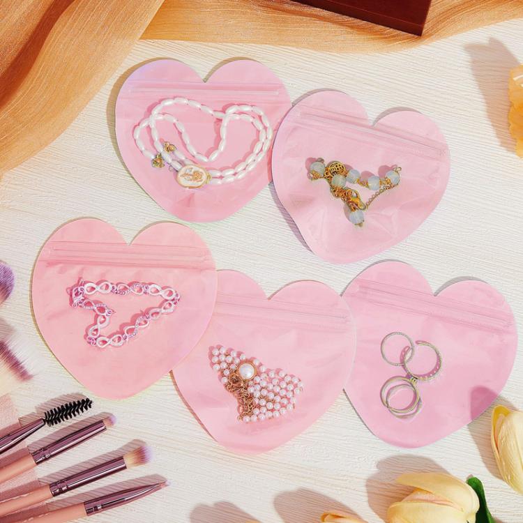 100pcs PVC Heart-Shaped Jewelry Storage Pouches Cute Love Sealing Bag Gift Packaging Bags, Size: 10x10cm - Pink