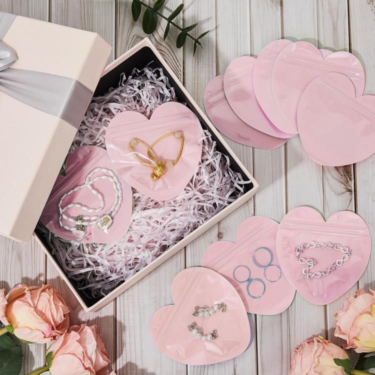 100pcs PVC Heart-Shaped Jewelry Storage Pouches Cute Love Sealing Bag Gift Packaging Bags, Size: 10x10cm - Pink