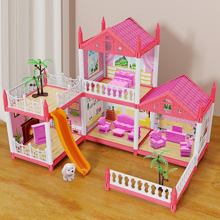 Girls Castle Villa Pretend Play Toys DIY Princess House, Style: 4 Rooms+2 Layers+1 Terrace