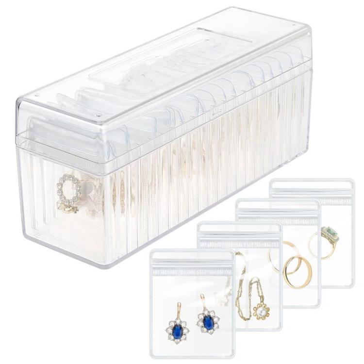 Acrylic Jewelry Storage Box + 20pcs Antioxidant PVC Jewelry Sealing Bags Necklace Earring Dustproof Organizer - Transparent