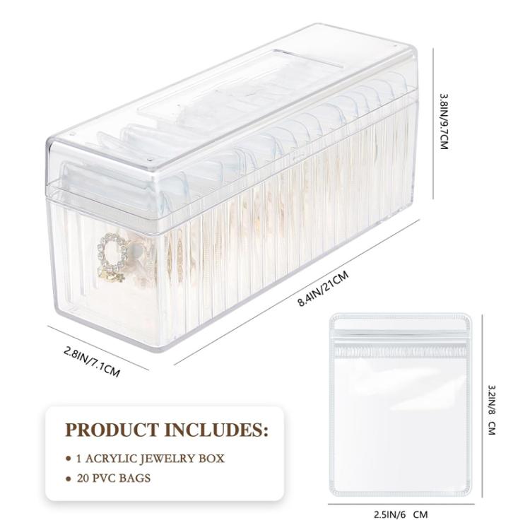 Acrylic Jewelry Storage Box + 20pcs Antioxidant PVC Jewelry Sealing Bags Necklace Earring Dustproof Organizer - Transparent