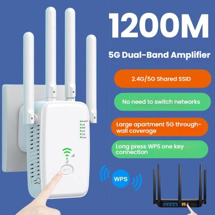 Urant U11 1200Mbps 2.4G&5.8G Wireless Repeater WiFi Signal Amplifier Support WPS Quick Setting US Plug Black