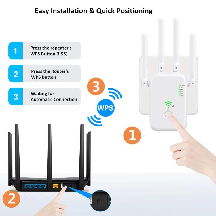 Urant U11 1200Mbps 2.4G&5.8G Wireless Repeater WiFi Signal Amplifier Support WPS Quick Setting US Plug Black