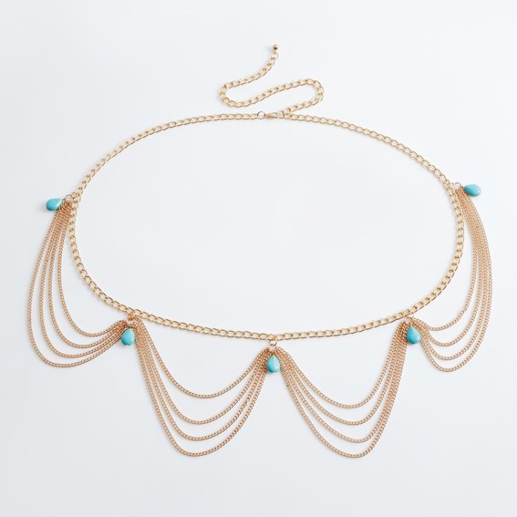 Bohemian Retro Turquoise Pendant Sexy Waist Chain Female Trendy Versatile Belt Chain Jewelry - Gold