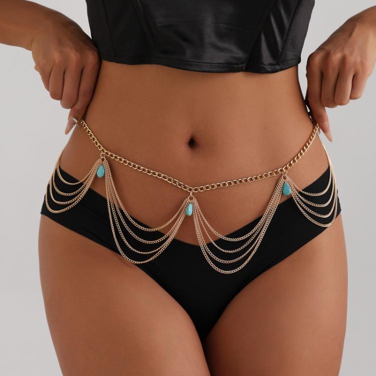 Bohemian Retro Turquoise Pendant Sexy Waist Chain Female Trendy Versatile Belt Chain Jewelry - Gold
