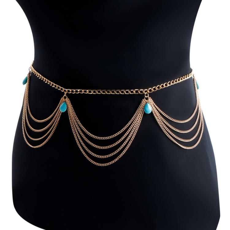 Bohemian Retro Turquoise Pendant Sexy Waist Chain Female Trendy Versatile Belt Chain Jewelry - Gold