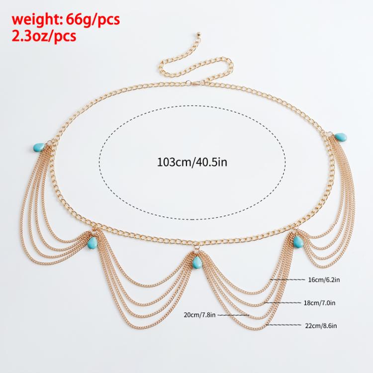 Bohemian Retro Turquoise Pendant Sexy Waist Chain Female Trendy Versatile Belt Chain Jewelry - Gold
