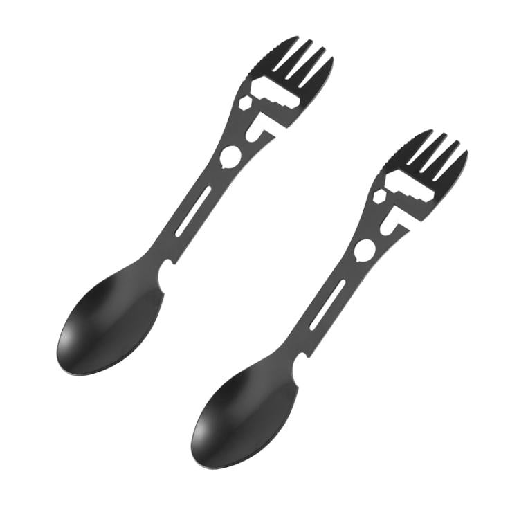 2pcs 10 In 1 Outdoor Camping Picnic Multifunctional Portable Fork and Spoon Tool - Black