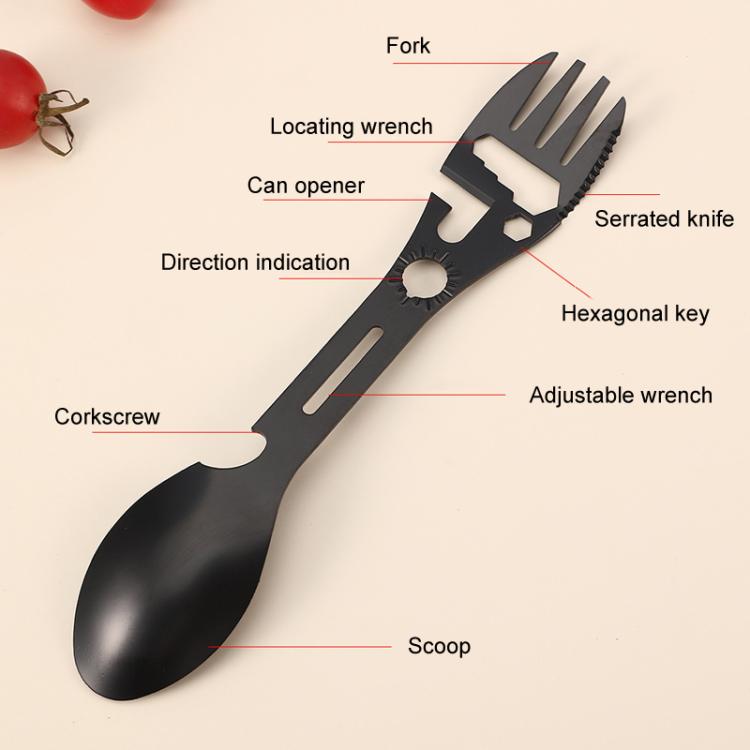2pcs 10 In 1 Outdoor Camping Picnic Multifunctional Portable Fork and Spoon Tool - Black