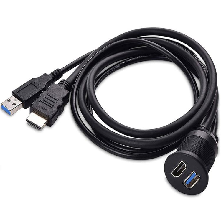 2m USB3.0+HDMI Car Waterproof Cable Motorcycle Boat Dashboard Extension Wire - Black