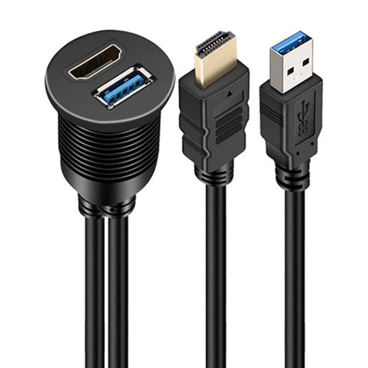 2m USB3.0+HDMI Car Waterproof Cable Motorcycle Boat Dashboard Extension Wire - Black