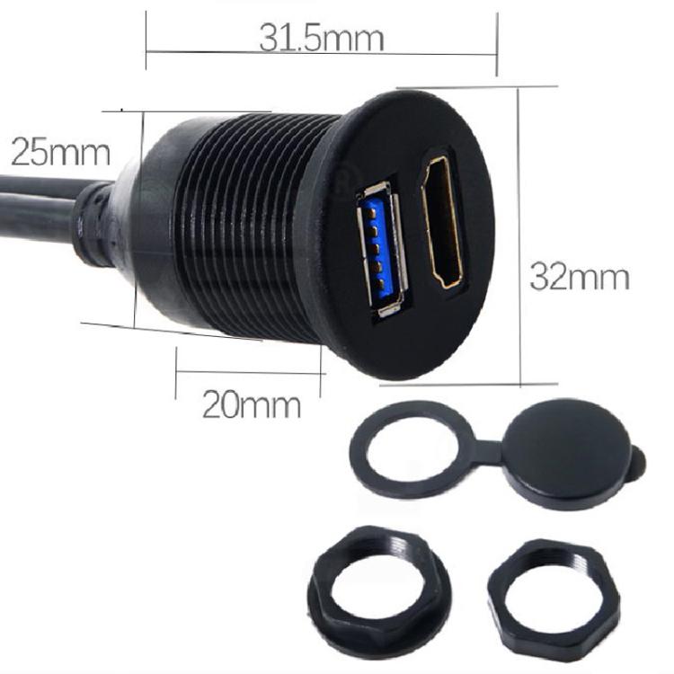 2m USB3.0+HDMI Car Waterproof Cable Motorcycle Boat Dashboard Extension Wire - Black