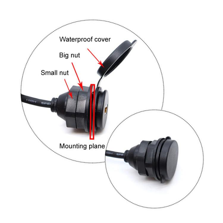 2m USB3.0+HDMI Car Waterproof Cable Motorcycle Boat Dashboard Extension Wire - Black