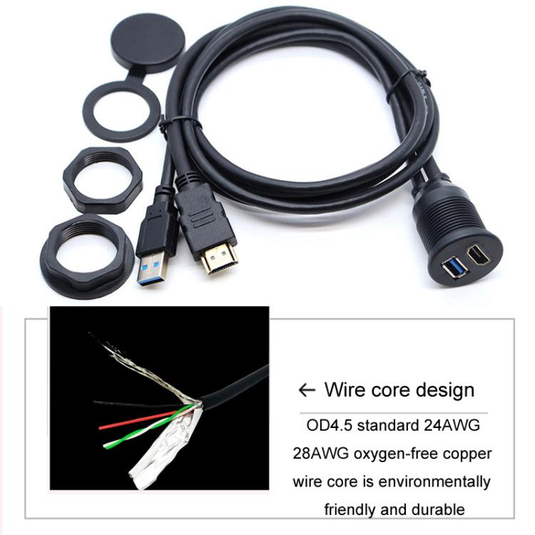 2m USB3.0+HDMI Car Waterproof Cable Motorcycle Boat Dashboard Extension Wire - Black