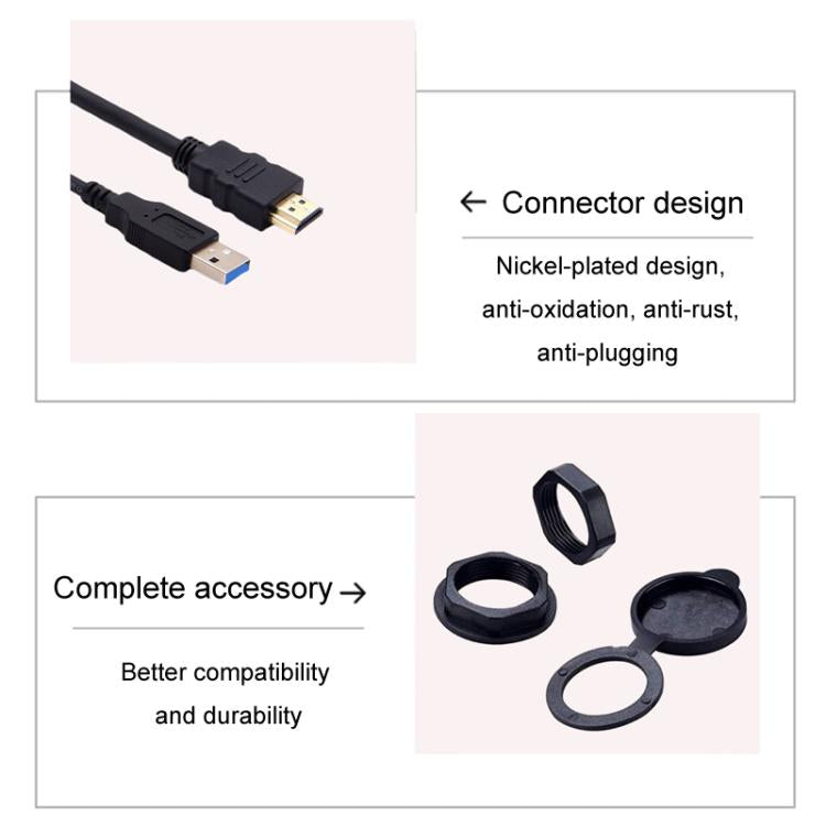 2m USB3.0+HDMI Car Waterproof Cable Motorcycle Boat Dashboard Extension Wire - Black