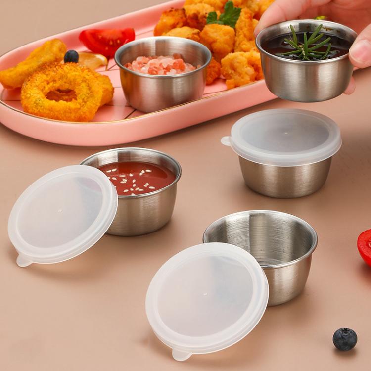 40ml 304 Stainless Steel Sauce Cup With Plastic Lid Sealed Leak-Proof Dipping Dish Seasoning Dish