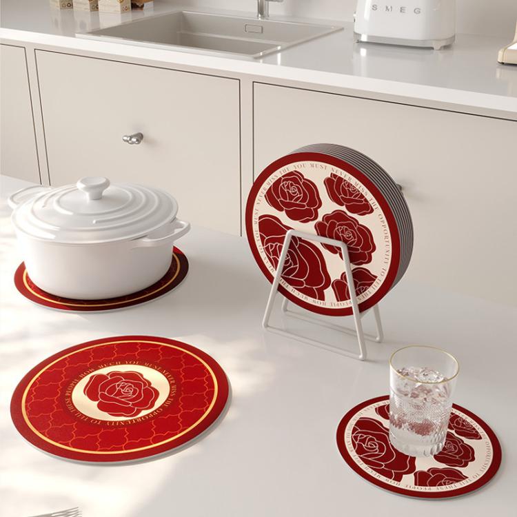 30x30cm Vintage Placemat Round Absorbent Thermal Insulation Table Mat Bar Coaster Dishes Western Placemat, Style: Red Rose