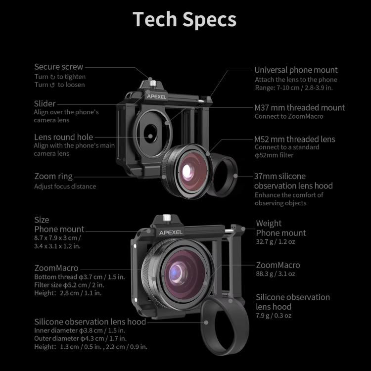 APEXEL APL-ZM100 10X-20X Fixed Focus Macro Cell Phone Lens For HD Close-up Photography - Black