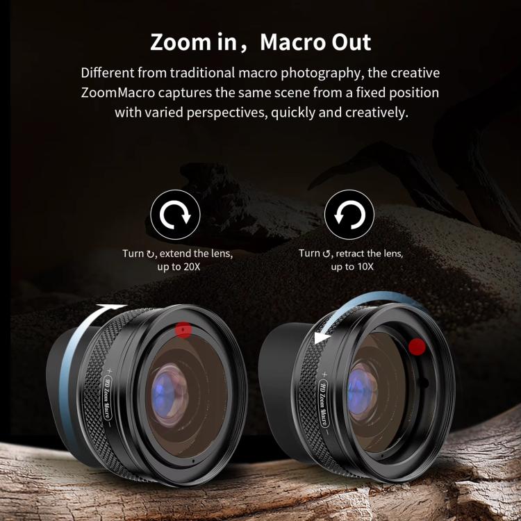 APEXEL APL-ZM100 10X-20X Fixed Focus Macro Cell Phone Lens For HD Close-up Photography - Black